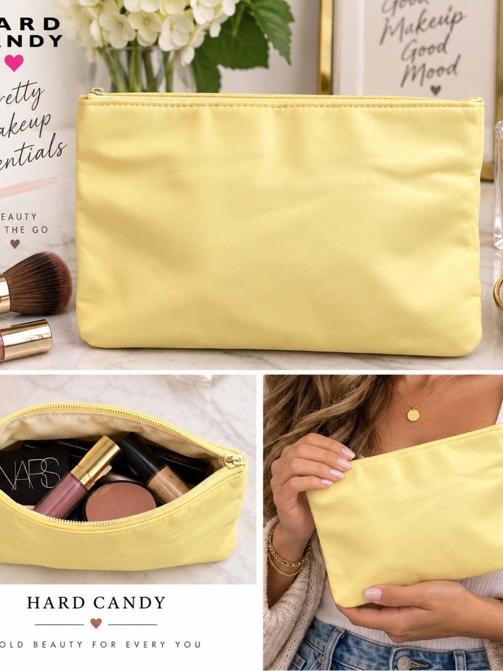 Hard Candy Satin Cosmetic Pouch in Pale Yellow